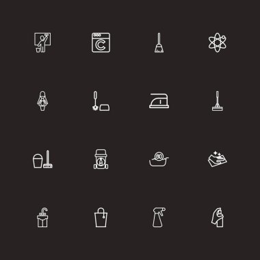 16 düzenlenebilir temizlik simgeler çizgi stili kümesi. Banyoya gibi simgeler içerir, havlu, paspas. Web, mobil, UI ve Infographic tasarım için kullanılabilir.