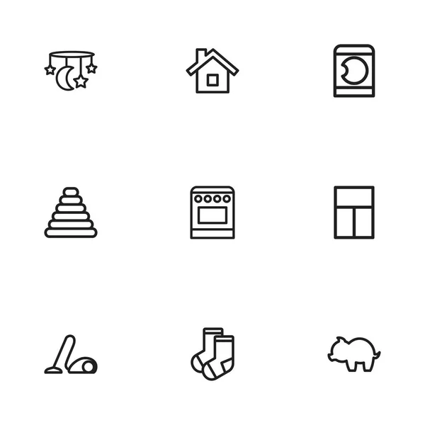 Conjunto de 9 iconos de parientes editables estilo de línea. Incluye símbolos como casa, cerdo, ventanas y más. Se puede utilizar para diseño web, móvil, IU e infografía . — Archivo Imágenes Vectoriales