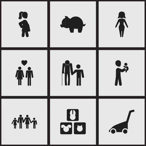 Uppsättning av 9 redigerbara släktingar ikoner. Innehåller symboler som till exempel djur, älskare, gravid kvinna och mer. Kan användas för webb-, mobil-, Ui och infographic design. — Stock vektor