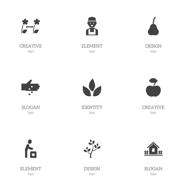 Conjunto de 9 iconos de agricultura editable. Incluye símbolos como té, manzana, casa de jardín y más. Se puede utilizar para diseño web, móvil, IU e infografía . — Vector de stock