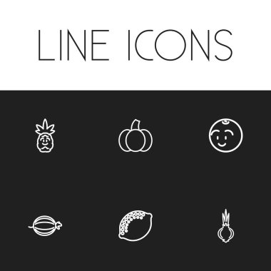 6 düzenlenebilir tencere simgeler çizgi stili kümesi. Topu, tropikal meyve, sarımsak ve daha fazla gülümseyen gibi simgeleri içerir. Web, mobil, UI ve Infographic tasarım için kullanılabilir.