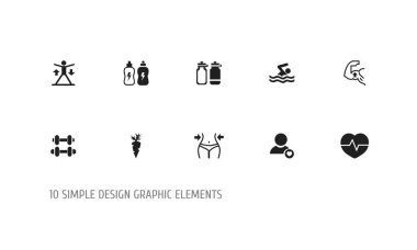 10 düzenlenebilir fitness simgeler kümesi. Pazı, havuzu, halter ve daha fazlası gibi simgeler içerir. Web, mobil, UI ve Infographic tasarım için kullanılabilir.