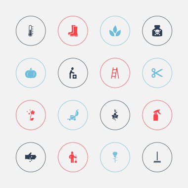 16 düzenlenebilir tarım simgeler kümesi. Termometre, çiçek, budayıcı ve daha fazlası gibi simgeler içerir. Web, mobil, UI ve Infographic tasarım için kullanılabilir.