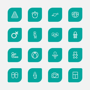 16 düzenlenebilir kin simgeler çizgi stili kümesi. Kamera, terlik, kadın sembolü ve daha fazlası gibi simgeler içerir. Web, mobil, UI ve Infographic tasarım için kullanılabilir.