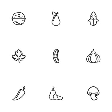 9 düzenlenebilir tencere simgeler çizgi stili kümesi. Mısır, yaprak, biber ve daha fazlası gibi simgeler içerir. Web, mobil, UI ve Infographic tasarım için kullanılabilir.