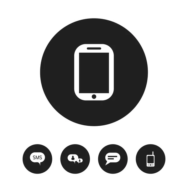 Zestaw 5 ikony telefonu można edytować. Zawiera symbole, takie jak sms, urządzenie nadawczo-odbiorcze, rozmawiając i więcej. Mogą być używane dla sieci web, mobilnych, projektowania interfejsu użytkownika i infografiki. — Wektor stockowy