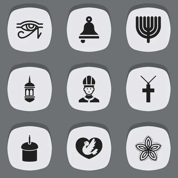 Conjunto de 9 iconos editable dyne. Incluye símbolos como campana, templo, mandala. Se puede utilizar para diseño web, móvil, IU e infografía . — Archivo Imágenes Vectoriales