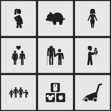 9 düzenlenebilir aile simgeler kümesi. Hayvan, aşık, hamile kadın ve daha fazlası gibi simgeler içerir. Web, mobil, UI ve Infographic tasarım için kullanılabilir.