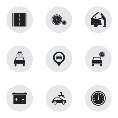 9 düzenlenebilir araç simgeler kümesi. Pil, hız, hız kontrolü ve daha fazlası gibi simgeler içerir. Web, mobil, UI ve Infographic tasarım için kullanılabilir.