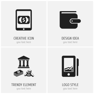 4 düzenlenebilir bankacılık simgeler kümesi. M-cüzdan, istatistik ve yatırım gibi simgeler içerir. Web, mobil, UI ve Infographic tasarım için kullanılabilir.
