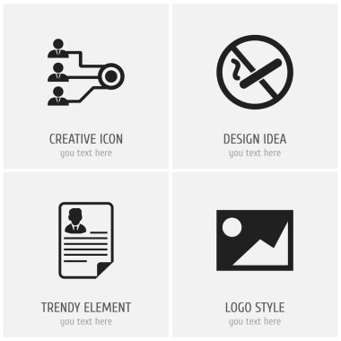 4 düzenlenebilir office simgeler kümesi. Özgeçmiş, yapısı, hiç sigara ve daha fazlası gibi simgeler içerir. Web, mobil, UI ve Infographic tasarım için kullanılabilir.