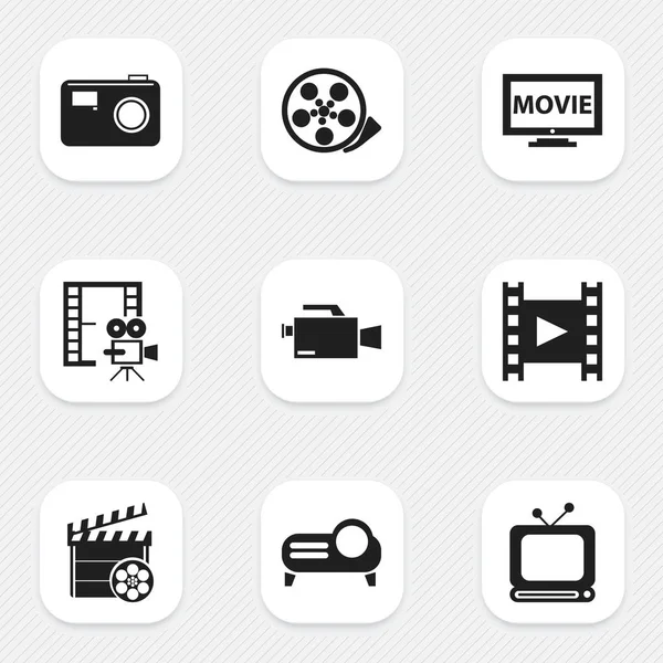 Набор из 9 съедобных съемок. Включает в себя такие символы, как ретро-телевидение, кино, видеокамеру и многое другое. Может использоваться для веб, мобильного, пользовательского и инфографического дизайна . — стоковый вектор
