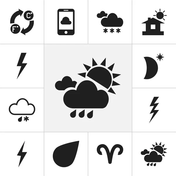 Set von 12 editierbaren Luftsymbolen. beinhaltet Symbole wie Blitz, Himmelskörper, Tropfen und mehr. kann für Web-, Mobil-, UI- und Infografik-Design verwendet werden. — Stockvektor