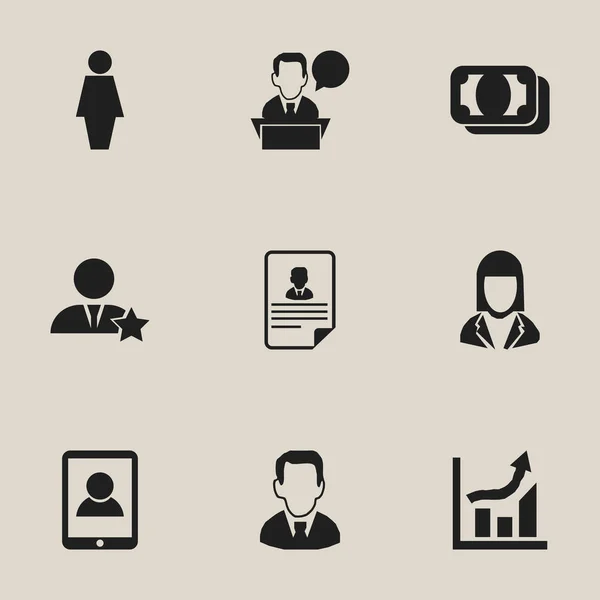 Set of 9 editable business icons. Includes symbols such as money, businesswoman, resume and more. Can be used for web, mobile, UI and infographic design.
