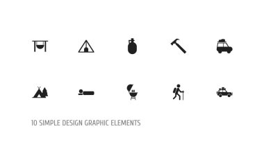 10 düzenlenebilir seyahat simgeler kümesi. Karavan, hiking, jeep ve daha fazlası gibi simgeler içerir. Web, mobil, UI ve Infographic tasarım için kullanılabilir.