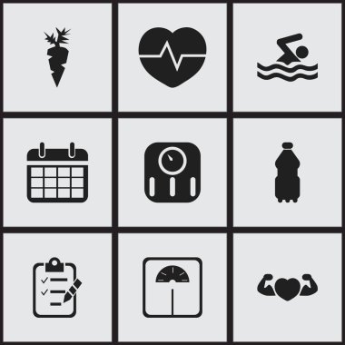 9 düzenlenebilir yaşam tarzı simgeler kümesi. Takvim, kitle ölçüm, havuç ve daha fazlası gibi simgeler içerir. Web, mobil, UI ve Infographic tasarım için kullanılabilir.