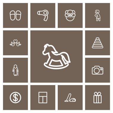 13 düzenlenebilir aile simgeleri çizgi stili kümesi. Terlik, fotoğraf makinesi, elektrik süpürgesi ve daha fazlası gibi simgeler içerir. Web, mobil, UI ve Infographic tasarım için kullanılabilir.