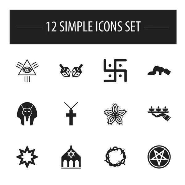 Satz von 12 editierbaren Glaubenssymbolen. enthält Symbole wie Kruzifix, Stern, Mandala. kann für Web-, Mobil-, UI- und Infografik-Design verwendet werden. — Stockvektor