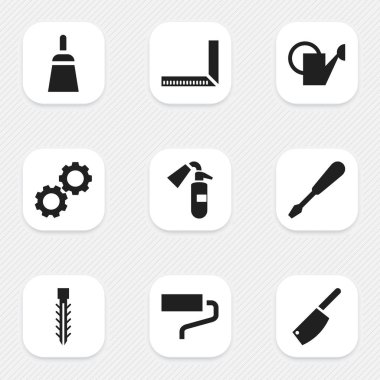 9 düzenlenebilir araçları simgeler kümesi. Dübel, cetvel, yangın söndürücü ve daha fazlası gibi simgeler içerir. Web, mobil, UI ve Infographic tasarım için kullanılabilir.