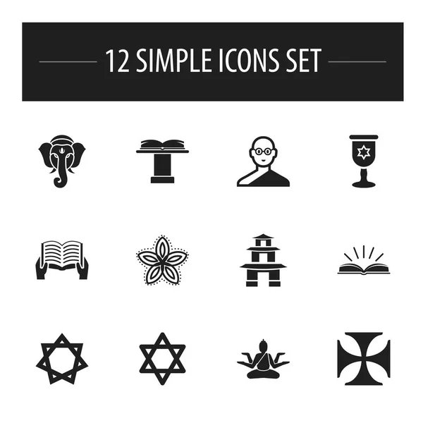 Uppsättning av 12 redigerbara dyne ikoner. Innehåller symboler som till exempel david stjärnan, hinduistic gudinna, heliga skrift och mer. Kan användas för webb-, mobil-, Ui och infographic design. — Stock vektor