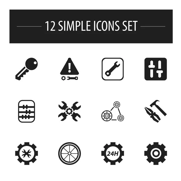 Conjunto de 12 iconos de herramientas editables. Incluye símbolos como servicio de 24 horas, herramienta de reparación, correa del motor y más. Se puede utilizar para diseño web, móvil, IU e infografía . — Vector de stock