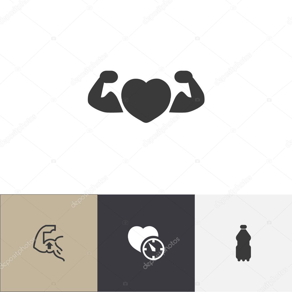 Set of 4 editable lifestyle icons. Includes symbols such as heart time, training beverage, biceps and more. Can be used for web, mobile, UI and infographic design.