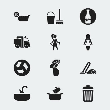 12 düzenlenebilir temizlik simgeler kümesi. Kırık şişe, el yıkama, geri dönüşüm çöp gibi simgeler içerir. Web, mobil, UI ve Infographic tasarım için kullanılabilir.