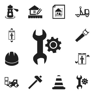 12 düzenlenebilir bina simgeler kümesi. Testere, deniz feneri, tutamacı isabet gibi simgeler içerir. Web, mobil, UI ve Infographic tasarım için kullanılabilir.