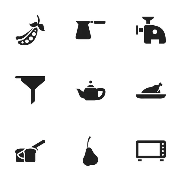 设置9个可编辑的食物图标。包括烧烤, 梨, 茶壶等符号。可用于 web、移动、Ui 和图表设计. — 图库照片