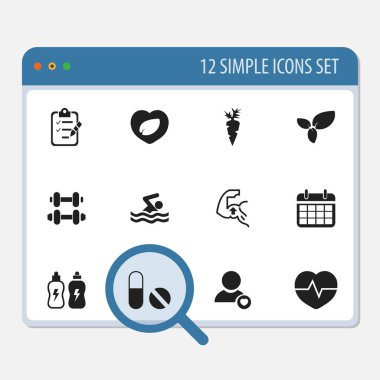 12 düzenlenebilir egzersiz simgeler kümesi. Enerji içeceği, havuç, takvim ve daha fazlası gibi simgeler içerir. Web, mobil, UI ve Infographic tasarım için kullanılabilir.