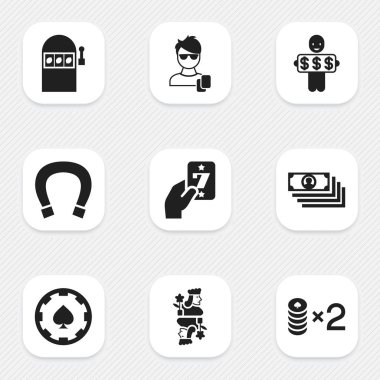 9 düzenlenebilir casino simgeler kümesi. Şanslı kart, jack, adam oyun gibi simgeler içerir ve daha fazlası. Web, mobil, UI ve Infographic tasarım için kullanılabilir.