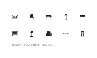 10 düzenlenebilir iç simgeler kümesi. Dirsek sandalye, çekmece göğüs, Bebek yatağı ve daha fazlası gibi simgeler içerir. Web, mobil, UI ve Infographic tasarım için kullanılabilir.