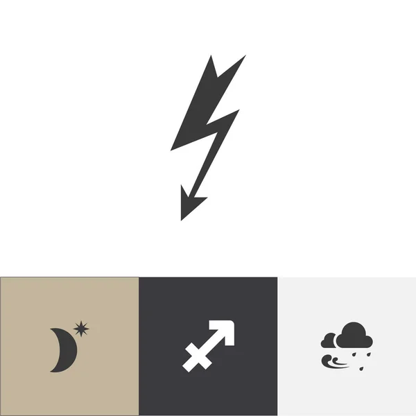 Satz von 4 editierbaren Wettersymbolen. beinhaltet Symbole wie Regensturm, Sagittarius, Hochspannung und mehr. kann für Web-, Mobil-, UI- und Infografik-Design verwendet werden. — Stockvektor