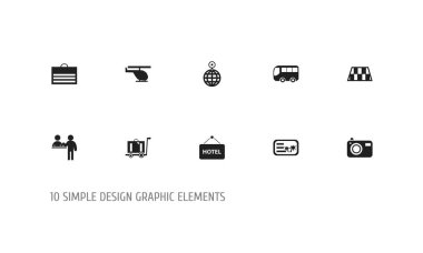 10 düzenlenebilir gezi simgeler kümesi. Helikopter, ön büro, otel afiş ve daha fazlası gibi simgeler içerir. Web, mobil, UI ve Infographic tasarım için kullanılabilir.