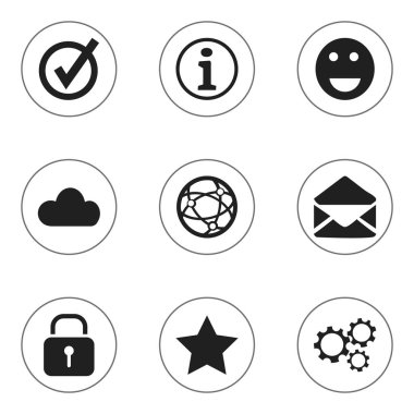 9 düzenlenebilir Internet simge kümesi. Gülümseme, onay, bulut ve daha fazlası gibi simgeler içerir. Web, mobil, UI ve Infographic tasarım için kullanılabilir.