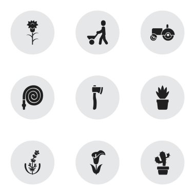 9 düzenlenebilir Bahçe simgeler kümesi. Traktör, kaktüs, calla ve daha fazlası gibi simgeler içerir. Web, mobil, UI ve Infographic tasarım için kullanılabilir.