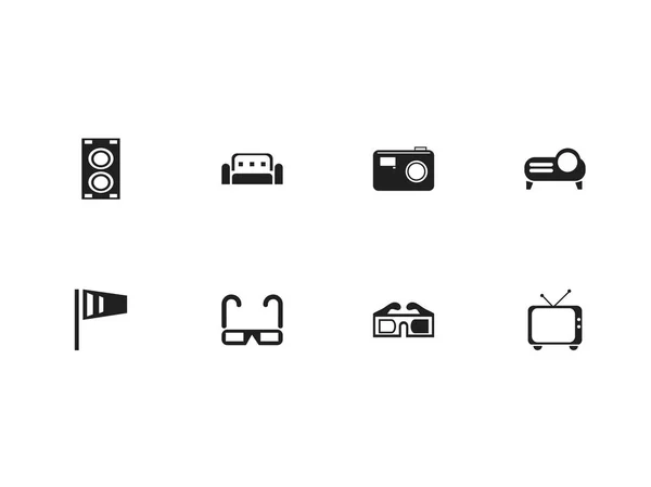 Ensemble de 8 icônes de tournage modifiables. Comprend des symboles tels que canapé, haut-parleur, lunettes et plus encore. Peut être utilisé pour la conception web, mobile, UI et infographique . — Photo