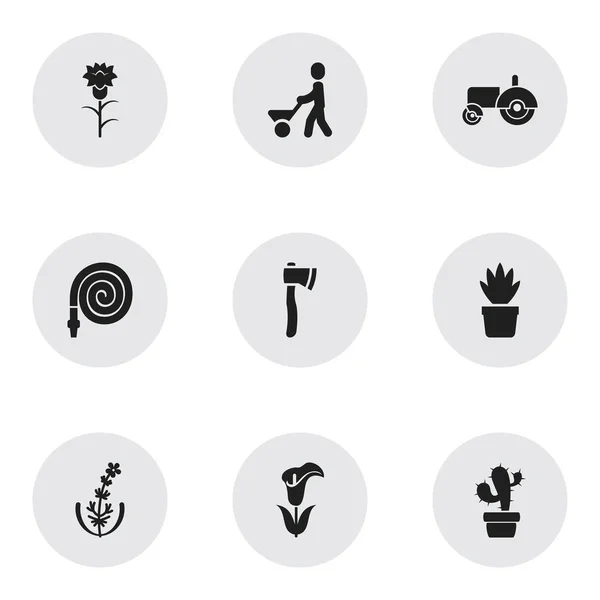 Conjunto de 9 iconos de jardinería editable. Incluye símbolos como tractor, cactus, calla y más. Se puede utilizar para diseño web, móvil, IU e infografía . —  Fotos de Stock