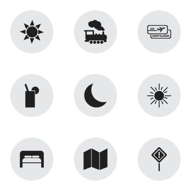 9 düzenlenebilir seyahat simgeler kümesi. Limon suyu, güneş ışığı, kitapçık ve daha fazlası gibi simgeler içerir. Web, mobil, UI ve Infographic tasarım için kullanılabilir.