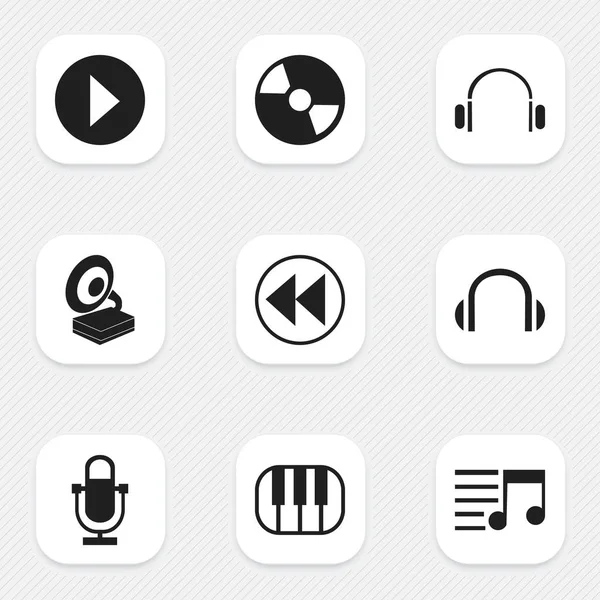 Набор из 9 съедобных песен. Включает в себя такие символы, как кнопка воспроизведения, октава, перемотка и многое другое. Может использоваться для веб, мобильного, пользовательского и инфографического дизайна . — стоковый вектор