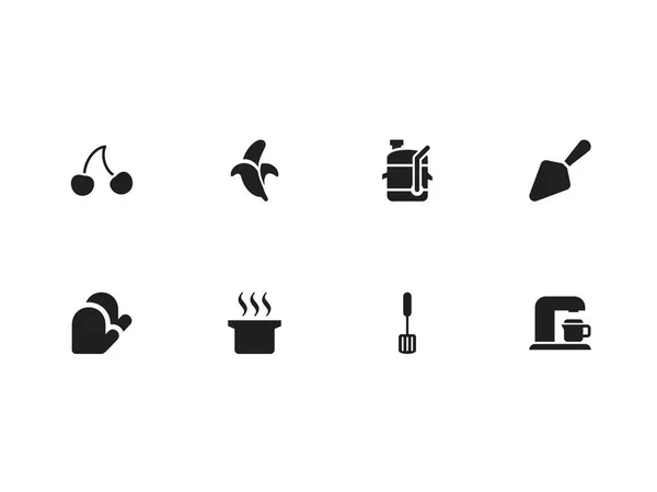 Набір з 8 редаговані приготування іконок. Включає в себе символи, такі як банан, гаряча їжа, соковижималка та багато іншого. Може використовуватися для веб, мобільні, дизайн інтерфейсу і інфографіки. — стоковий вектор