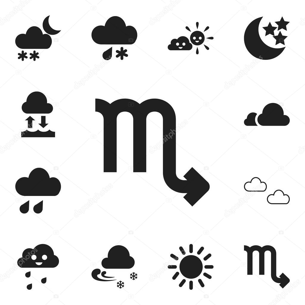 Set of 12 editable weather icons. Includes symbols such as drizzle, moonshine, mist and more. Can be used for web, mobile, UI and infographic design.