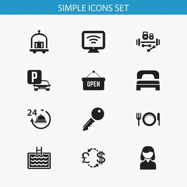 Ensemble de 12 icônes de voyage modifiables. Comprend des symboles tels que lit, fitness, sac et plus encore. Peut être utilisé pour la conception web, mobile, UI et infographique . — Photo