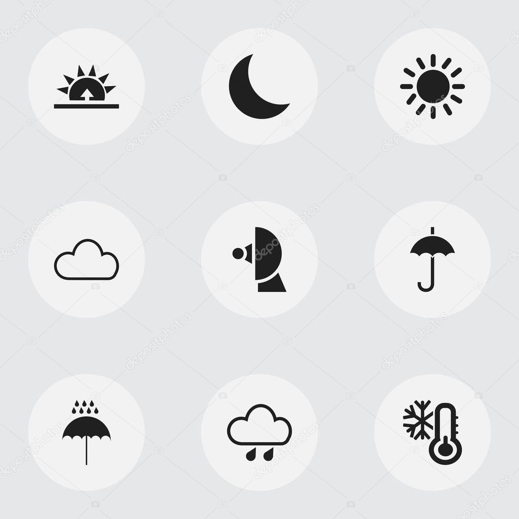 Set of 9 editable climate icons. Includes symbols such as deluge, heat, umbrella and more. Can be used for web, mobile, UI and infographic design.