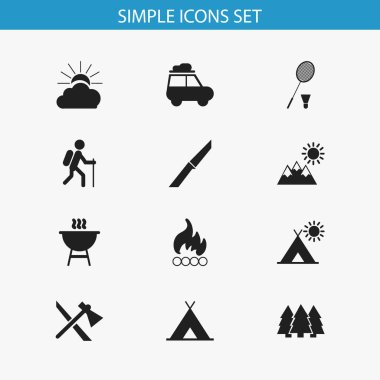 12 düzenlenebilir kamp simgeler kümesi. Karavan, bıçak, kebap ve daha fazlası gibi simgeler içerir. Web, mobil, UI ve Infographic tasarım için kullanılabilir.