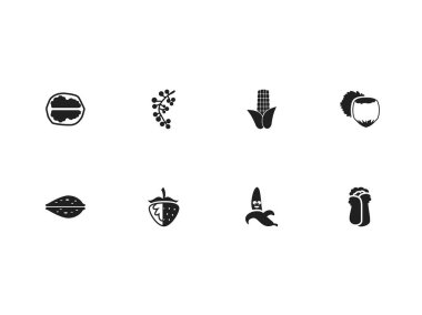 8 düzenlenebilir gıda simgeler kümesi. Komik muz, frenk üzümü, fındık ve daha fazlası gibi simgeler içerir. Web, mobil, UI ve Infographic tasarım için kullanılabilir.