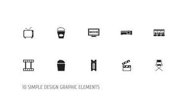 10 düzenlenebilir filme simgeler kümesi. Patlamış mısır, seyirci, film ve daha fazlası gibi simgeler içerir. Web, mobil, UI ve Infographic tasarım için kullanılabilir.