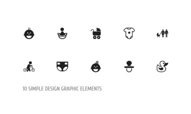 10 düzenlenebilir çocuk simgeler kümesi. Ördek, elbise, Emzikler ve daha fazlası gibi simgeler içerir. Web, mobil, UI ve Infographic tasarım için kullanılabilir.
