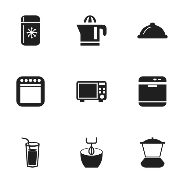 Zestaw 9 edycji ikon gotowania. Zawiera symbole, takie jak blender, kuchenka mikrofalowa, trzepaczka i więcej. Mogą być używane dla sieci web, mobilnych, projektowania interfejsu użytkownika i infografiki. — Wektor stockowy