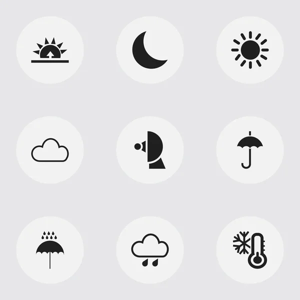 Conjunto de 9 iconos climáticos editables. Incluye símbolos como el diluvio, el calor, el paraguas y más. Se puede utilizar para diseño web, móvil, IU e infografía . — Vector de stock